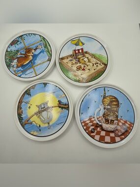 Set of 4 Cat-Theme Coasters - Blue & Yellow Artwork Gary Patterson clay